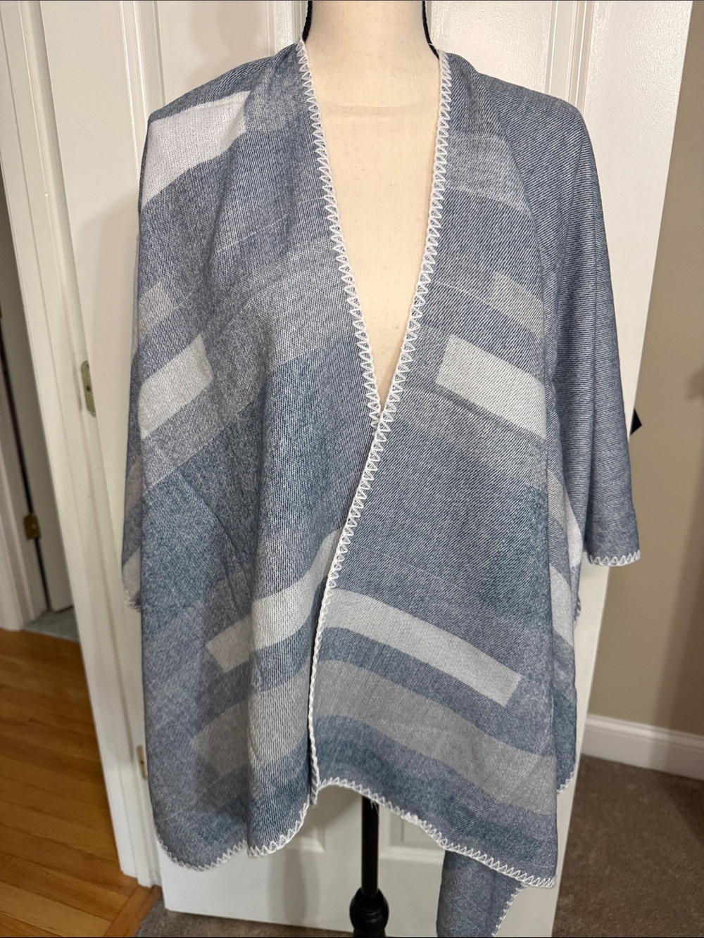 Women's Blue and Gray Striped Knit Poncho Wrap - Lightweight Layering